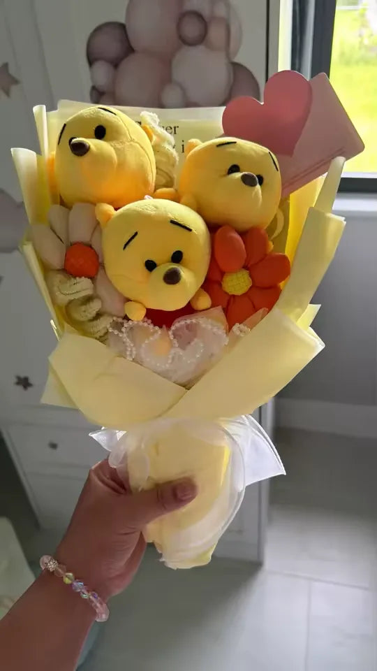 Customer-received yellow bear crochet bouquet with sunny flowers
